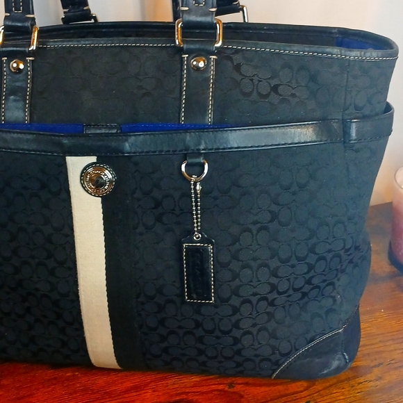 AUTHENTIC Coach SIGNATURE SMALL C HERITAGE STRIPE BLK WITH BLUE HUGE! Tote Bag - Picture 3 of 16